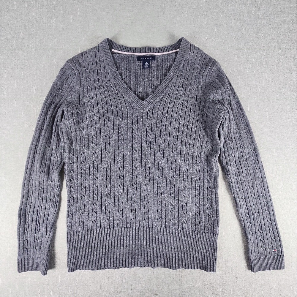Tommy Hilfiger Womens Medium Gray V-Neck Cable Knit Cotton Sweater Pullover